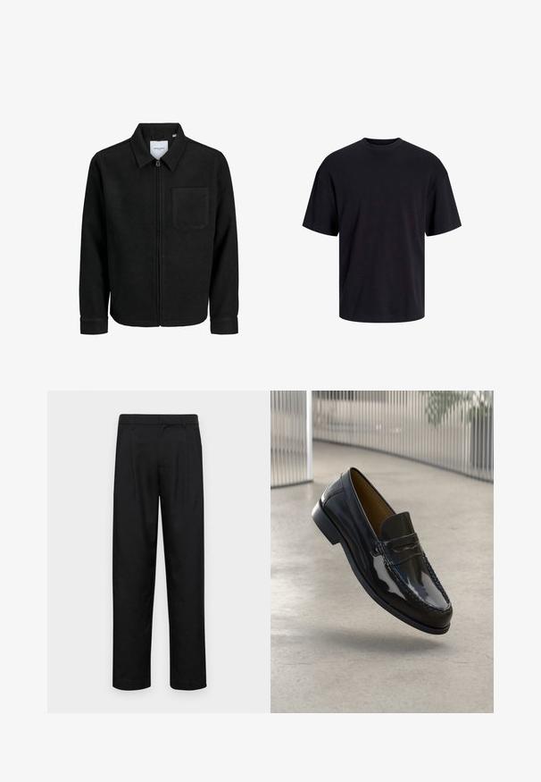 Schwarze Zip-Jacke mit Kragen und einer einzelnen Brusttasche, auf weißem Hintergrund präsentiert.; Schwarzes Baumwoll-T-Shirt mit Rundhalsausschnitt, kurzen Ärmeln und lässiger Passform. Glatte Oberflächenstruktur und keine sichtbaren Muster oder Akzente.; Schwarze Hose aus glattem Stoff, mit geradem Bein Design, zwei vorderen Falten und einem Standardbund mit Gürtelschlaufen.; Schwarze Lacklederloafers mit einer gestickten Akzentuierung, runder Zehenpartie, niedrigem Absatz und glatter Oberfläche, vor einem neutralen Hintergrund präsentiert.