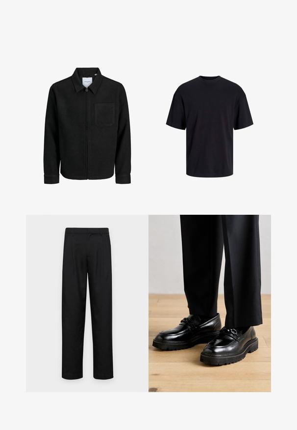 Black zip-up jacket with collar and single chest pocket, displayed on white background.; Black cotton t-shirt with a crew neckline, short sleeves, and a relaxed fit. Smooth texture and no visible patterns or accents.; Black trousers made of smooth fabric, featuring a straight-leg design, two front pleats, and standard waistband with belt loops.; Black leather shoes with a smooth finish, featuring a broad sole and decorative cross-bands over the instep. Worn with tailored black trousers.