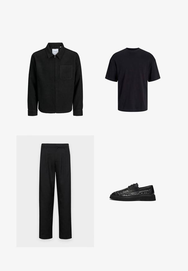 Mustaga lukuga jakker, millel on krae ja üks rinna-tasku, esitatud valgel taustal.; Must must on mustre, lühikeste varrukatega ja vabalt langev. Sile tekstuur ja ilma nähtavate mustrite või aktsentideta.; Mustad mustadest riietest, millel on sirge jalgade disain, kaks eesmist voltimist ja tavaline vöökoht, millel on vöökohad.; Mustad nahast jalanõud, millel on kudumiga ülaharu, ümar kuju ja lame kummitald. Omab kahte silmust paelte jaoks ja tekstuurset viimistlust.