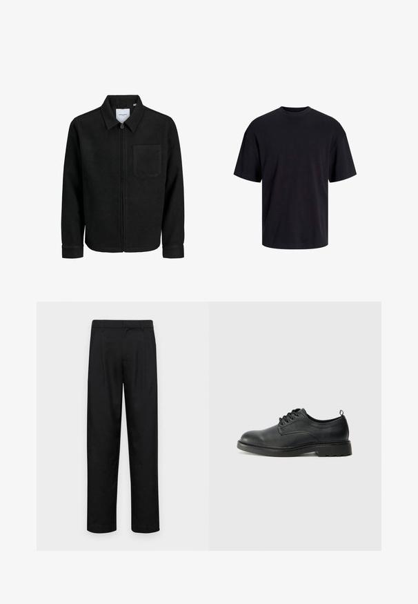 Black zip-up jacket with collar and single chest pocket, displayed on white background.; Black cotton t-shirt with a crew neckline, short sleeves, and a relaxed fit. Smooth texture and no visible patterns or accents.; Black trousers made of smooth fabric, featuring a straight-leg design, two front pleats, and standard waistband with belt loops.; Black leather oxford shoe with rounded toe, lace-up design, textured upper, and a sturdy rubber sole featuring small treads.
