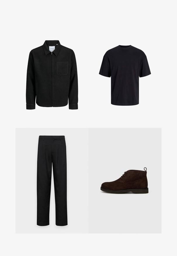 Svart zip-jacka med krage och en enda bröstficka, visad på vit bakgrund.; Svart bomullströja med rundad halsringning, korta ärmar och avslappnad passform. Slät textur utan synliga mönster eller detaljer.; Svarta byxor i slät väv, med rak ben-design, två framfickor och standardmidja med bälteshällor.; Bruna mockaskor med rund tå och snörning, samt en dragflik baktill, som står på en gummisula med en texturerad yta.