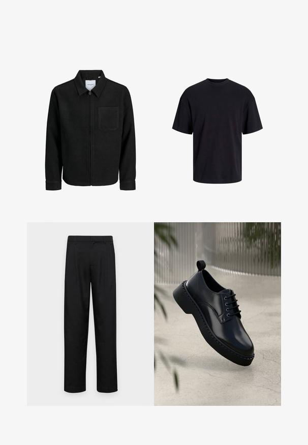 Giacca nera con zip, colletto e una tasca sul petto, mostrata su sfondo bianco.; T-shirt in cotone nero con collo rotondo, maniche corte e vestibilità morbida. Texture liscia senza pattern o dettagli visibili.; Pantaloni neri realizzati in tessuto liscio, caratterizzati da un taglio dritto, due pieghe frontali e una vita standard con passanti per la cintura.; Scarpa in pelle nera con punta arrotondata, design con lacci e suola in gomma spessa con bordo testurizzato. Finitura elegante e hardware minimale.