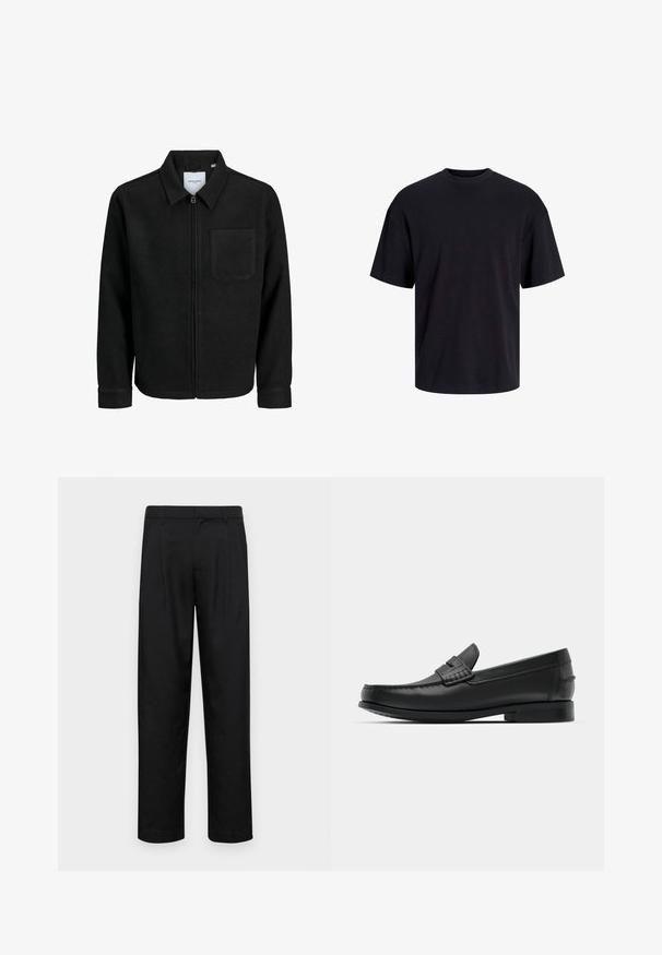 Sort lynlåsjakke med krave og en enkelt brystlomme, vist på hvid baggrund.; Sort bomulds t-shirt med rund hals, korte ærmer og en afslappet pasform. Glat tekstur uden synlige mønstre eller accenter.; Sorte bukser lavet af glat stof, med et lige ben-design, to frontfolder og en standard talje med bæltestropper.; Sorte læderloafers med rund tå, detaljeret syning og en lav, firkantet hæl. Glat tekstur og minimalistisk design.