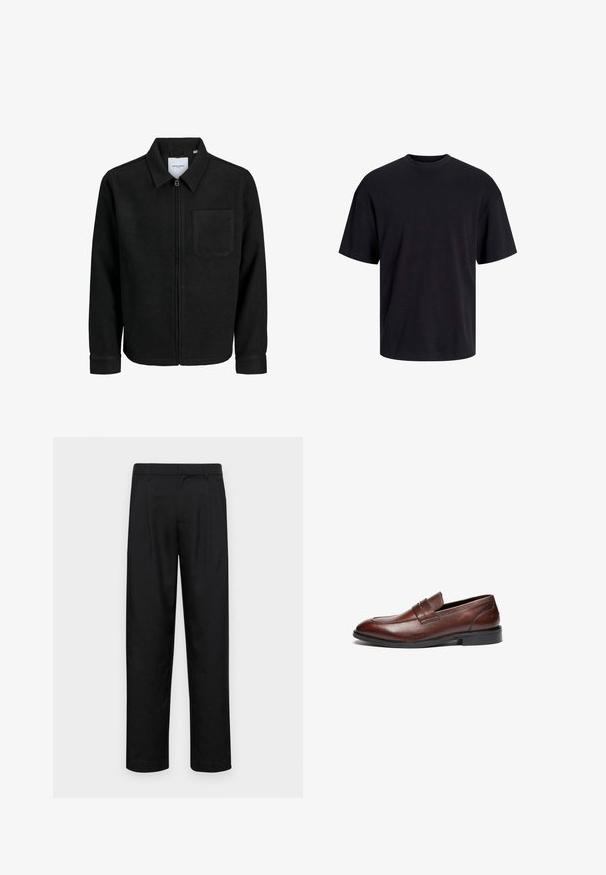 Giacca nera con zip, colletto e una tasca sul petto, mostrata su sfondo bianco.; T-shirt in cotone nero con collo rotondo, maniche corte e vestibilità morbida. Texture liscia senza pattern o dettagli visibili.; Pantaloni neri realizzati in tessuto liscio, caratterizzati da un taglio dritto, due pieghe frontali e una vita standard con passanti per la cintura.; Mocassini in pelle marrone con finitura liscia, punta arrotondata, fascia decorativa e suola in gomma nera. Presentano dettagli di cucitura minimi.