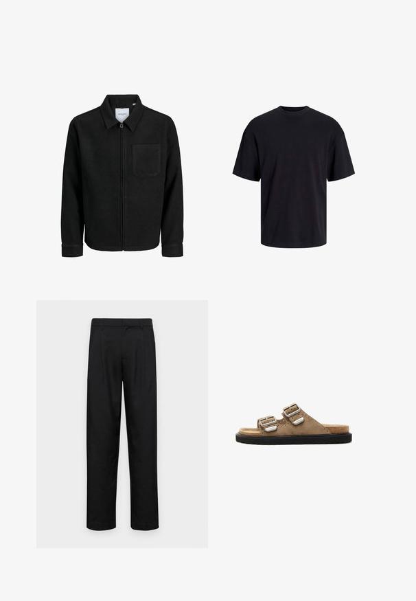 Zwarte zip-up jas met kraag en enkele borstzak, weergegeven op een witte achtergrond.; Zwarte katoenen t-shirt met een ronde halslijn, korte mouwen en een relaxte pasvorm. Glad textuur en geen zichtbare patronen of accenten.; Zwarte broeken van gladde stof, met een recht model, twee voorknikken en een standaard tailleband met riemlussen.; Bruine suède slipper sandalen met twee verstelbare zilveren gespen, zwarte gestructureerde zool en geperforeerde details op het bovenste gedeelte.