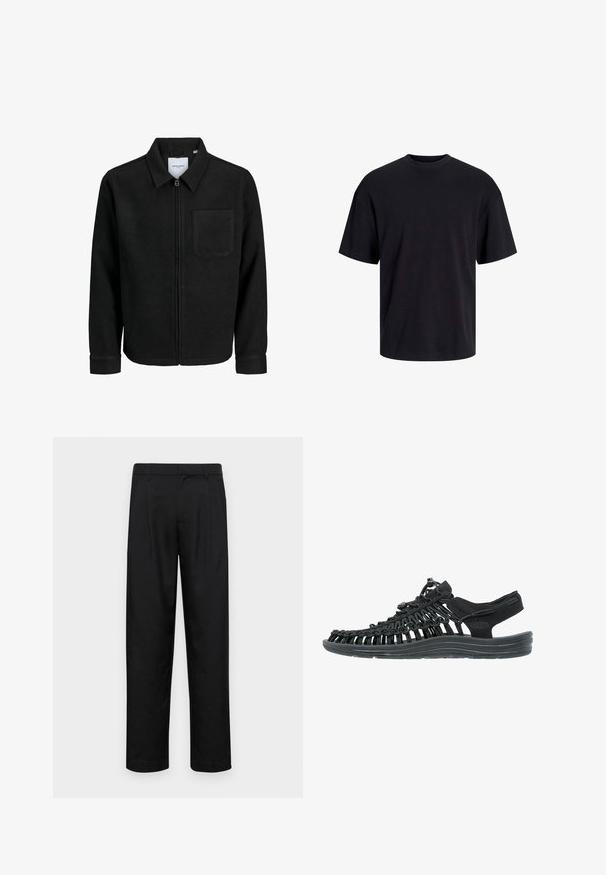 Black zip-up jacket with collar and single chest pocket, displayed on white background.; Black cotton t-shirt with a crew neckline, short sleeves, and a relaxed fit. Smooth texture and no visible patterns or accents.; Black trousers made of smooth fabric, featuring a straight-leg design, two front pleats, and standard waistband with belt loops.; Black sandal with woven synthetic upper, adjustable lace closure, and a cushioned sole. Features open design for breathability.