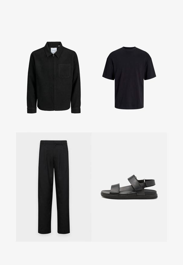 Black zip-up jacket with collar and single chest pocket, displayed on white background.; Black cotton t-shirt with a crew neckline, short sleeves, and a relaxed fit. Smooth texture and no visible patterns or accents.; Black trousers made of smooth fabric, featuring a straight-leg design, two front pleats, and standard waistband with belt loops.; Black leather sandals feature two wide straps across the foot, adjustable heel strap, and a textured rubber sole for grip.