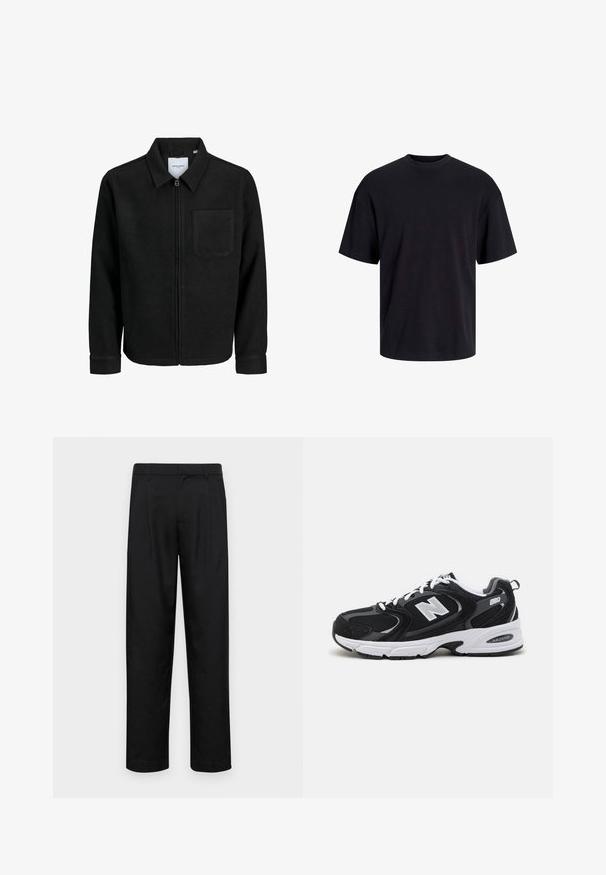 Juodas džemperis su užtrauktuku, apykakle ir vienu krūtiniu kišenėje, pristatytas baltame fone.; Juodas medvilninis marškinėlis su apvaliu iškirpimu, trumpomis rankovėmis ir laisvu siluetu. Glotni tekstūra, be matomų raštų ar akcentų.; Juodi kelnių modeliai, pagaminti iš lygios medžiagos, turi tiesią kojas, du priekiniai klostės ir standartinę juosmenį su diržo kilpomis.; Juodi ir pilki sportiniai batai su tinklu ir zomšos viršutine dalimi, su balta vidurio pade, raišteliais ir ryškiu "N" logotipu šone.