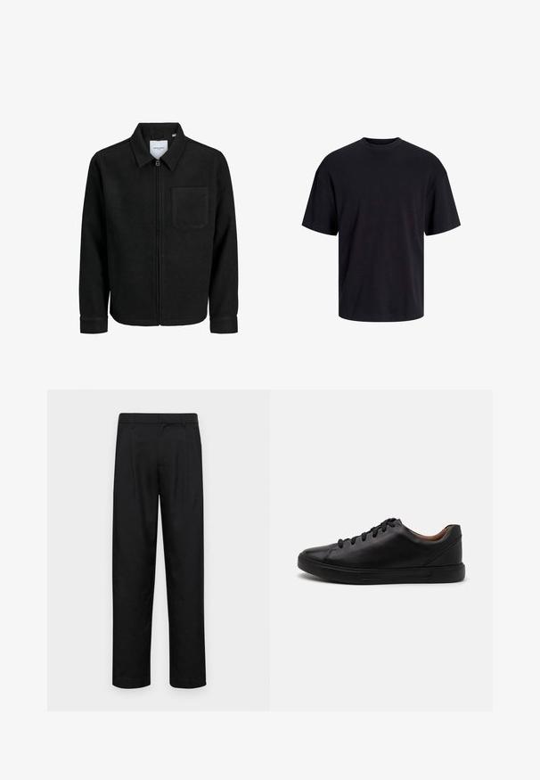 Fekete, zipzáros dzseki gallérral és egyetlen mellzsebbel, fehér háttéren.; Fekete pamut póló, kerek nyakkivágással, rövid ujjú és laza fazonú. Simább anyagú, látható minták vagy díszítések nélkül.; Fekete nadrág sima anyagból, egyenes szárú fazonnal, két elülső redővel és közönséges derékkal, övhurkokkal.; Fekete bőr sportcipő sima felülettel, kerek orral és hatlyukú fűzővel; fekete gumitalppal rendelkezik a tapadás érdekében.