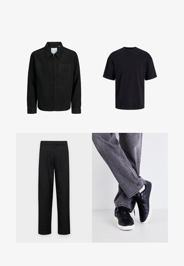 Giacca nera con zip, colletto e una tasca sul petto, mostrata su sfondo bianco.; T-shirt in cotone nero con collo rotondo, maniche corte e vestibilità morbida. Texture liscia senza pattern o dettagli visibili.; Pantaloni neri realizzati in tessuto liscio, caratterizzati da un taglio dritto, due pieghe frontali e una vita standard con passanti per la cintura.; Sneakers in pelle nera con suole e lacci bianchi, abbinati a jeans in denim grigio. I sneakers presentano una texture liscia e un design minimalista.