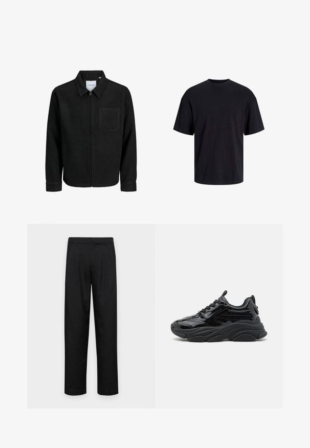 Mustaga lukuga jakker, millel on krae ja üks rinna-tasku, esitatud valgel taustal.; Must must on mustre, lühikeste varrukatega ja vabalt langev. Sile tekstuur ja ilma nähtavate mustrite või aktsentideta.; Mustad mustadest riietest, millel on sirge jalgade disain, kaks eesmist voltimist ja tavaline vöökoht, millel on vöökohad.; Mustad mustas tennises läikiva lakkviimistlusega, millel on paks tall ja tekstuuriga disain. Ketsidel on paelad ja tõmblukk, mis tagavad mugava jalga panemise.