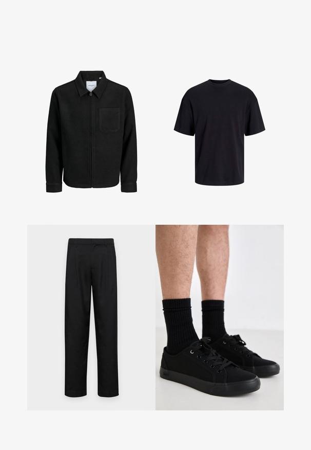 Giacca nera con zip, colletto e una tasca sul petto, mostrata su sfondo bianco.; T-shirt in cotone nero con collo rotondo, maniche corte e vestibilità morbida. Texture liscia senza pattern o dettagli visibili.; Pantaloni neri realizzati in tessuto liscio, caratterizzati da un taglio dritto, due pieghe frontali e una vita standard con passanti per la cintura.; Sneakers neri in tela con punta tondeggiante, suola piatta in gomma e lacci neri. Abbinati a calzini neri a costine. Design semplice senza motivi.