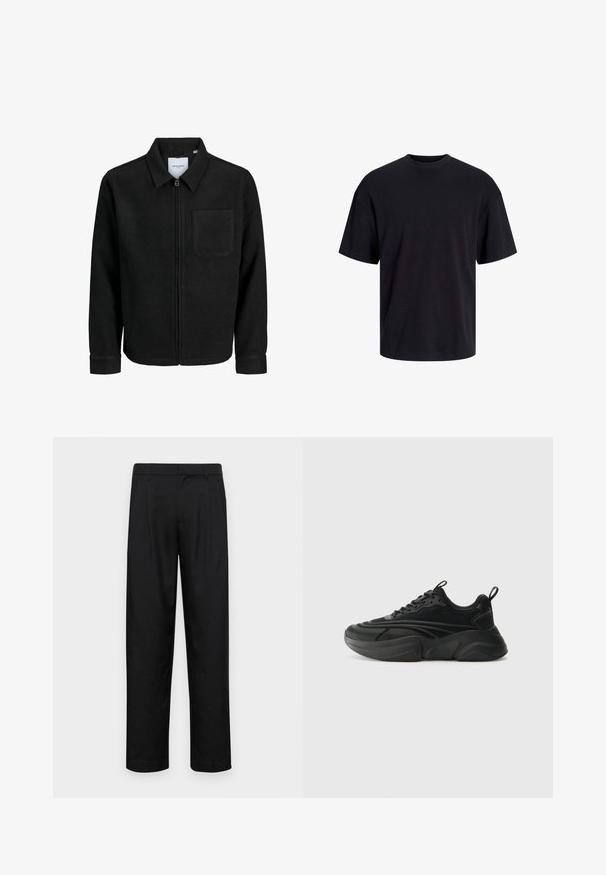 Schwarze Zip-Jacke mit Kragen und einer einzelnen Brusttasche, auf weißem Hintergrund präsentiert.; Schwarzes Baumwoll-T-Shirt mit Rundhalsausschnitt, kurzen Ärmeln und lässiger Passform. Glatte Oberflächenstruktur und keine sichtbaren Muster oder Akzente.; Schwarze Hose aus glattem Stoff, mit geradem Bein Design, zwei vorderen Falten und einem Standardbund mit Gürtelschlaufen.; Schwarze Sportschuhe mit einer runden Sohle, strukturiertem Obermaterial und gepolstertem Kragen. Verfügt über Schnürung, Zuglasche und geschichtete Designelemente.