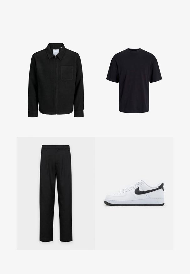 Melna jaka ar rāvējslēdzēju un apkakli, vienu krūšu kabatu, parādīta uz baltas fona.; Melns kokvilnas T-krekls ar apaļu kakla izgriezumu, īsām piedurknēm un brīvu piegriezumu. Gluda tekstūra un nav redzamu rakstu vai akcentu.; Melnas bikses, izgatavotas no gludas auduma, ar taisnu kāju dizainu, divām priekšējām krokām un standarta jostu, kurai ir āķi.; Baltas ādas sporta apavi ar melno Nike Swoosh, apaļā purngala dizains, sasienamas priekšpuses, strukturēta melna gumijas zole, un "Air" iepresēts uz papēža.