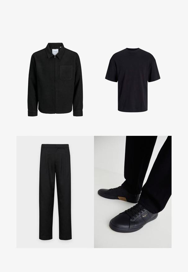 Fekete, zipzáros dzseki gallérral és egyetlen mellzsebbel, fehér háttéren.; Fekete pamut póló, kerek nyakkivágással, rövid ujjú és laza fazonú. Simább anyagú, látható minták vagy díszítések nélkül.; Fekete nadrág sima anyagból, egyenes szárú fazonnal, két elülső redővel és közönséges derékkal, övhurkokkal.; Fekete bőr sportcipők elegáns dizájnnal, texturált felülettel, kerek orral és fekete fűzővel. Arany logóval az oldalon.