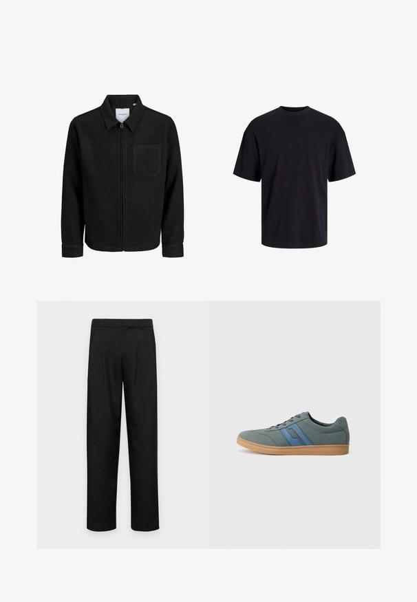 Czarna kurtka z zamkiem na całej długości, z kołnierzem i jedną kieszenią na piersi, umieszczona na białym tle.; Czarna bawełniana koszulka z okrągłym dekoltem, krótkimi rękawami i luźnym krojem. Gładka tekstura, bez widocznych wzorów czy akcentów.; Czarne spodnie wykonane z gładkiego materiału, z prostą nogawką, dwoma fałdami z przodu oraz standardowym paskiem z wypustkami na pasek.; Jasnozielone zamszowe sneakersy z niebieskimi akcentami, płaskimi sznurowadłami i beżową gumową podeszwą. Okrągły czubek i niska sylwetka.
