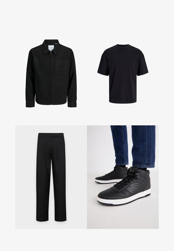 Mustaga lukuga jakker, millel on krae ja üks rinna-tasku, esitatud valgel taustal.; Must must on mustre, lühikeste varrukatega ja vabalt langev. Sile tekstuur ja ilma nähtavate mustrite või aktsentideta.; Mustad mustadest riietest, millel on sirge jalgade disain, kaks eesmist voltimist ja tavaline vöökoht, millel on vöökohad.; Mustad kõrged spordijalatsid, mis on valmistatud tekstuuritud nahast, mustade paeltega, valge kummist tallaga ja väikese logoga küljes.