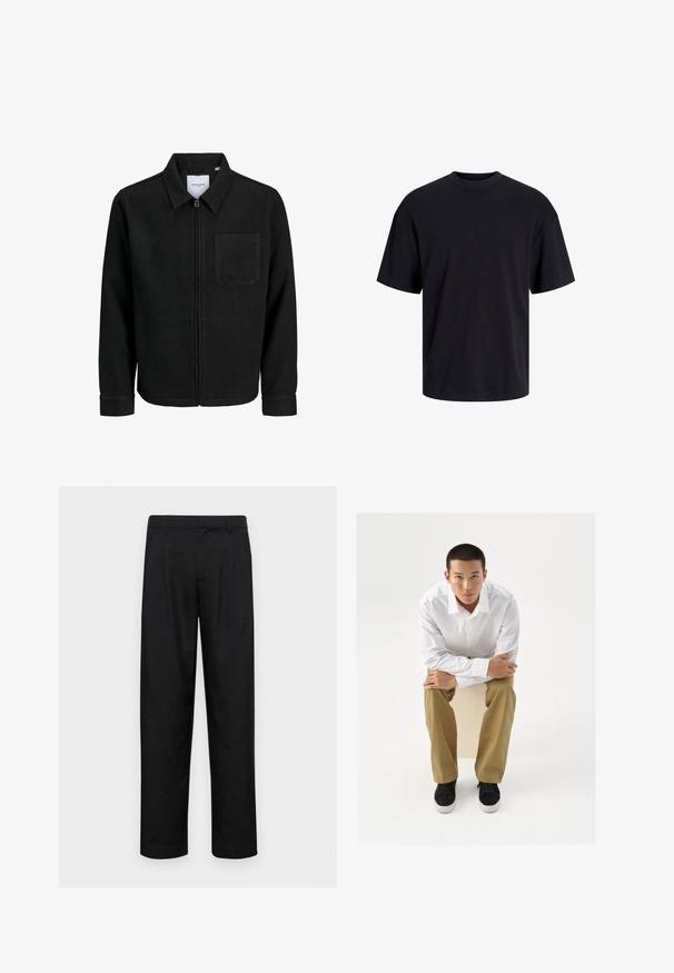 Fekete, zipzáros dzseki gallérral és egyetlen mellzsebbel, fehér háttéren.; Fekete pamut póló, kerek nyakkivágással, rövid ujjú és laza fazonú. Simább anyagú, látható minták vagy díszítések nélkül.; Fekete nadrág sima anyagból, egyenes szárú fazonnal, két elülső redővel és közönséges derékkal, övhurkokkal.; Fehér, világos csíkos ing, bézs nadrág és fekete sneaker. A modell egy kockán ül, kezét a térdén összekulcsolva.