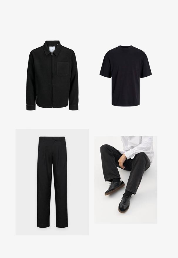 Mustaga lukuga jakker, millel on krae ja üks rinna-tasku, esitatud valgel taustal.; Must must on mustre, lühikeste varrukatega ja vabalt langev. Sile tekstuur ja ilma nähtavate mustrite või aktsentideta.; Mustad mustadest riietest, millel on sirge jalgade disain, kaks eesmist voltimist ja tavaline vöökoht, millel on vöökohad.; Mustad spordijalatsid siledast ja tekstuurilisest ülemisest osast, millel on kummist tald ja tumedad nöörid. Kombineeritud mustade teksade ja valge triibulise särgiga.