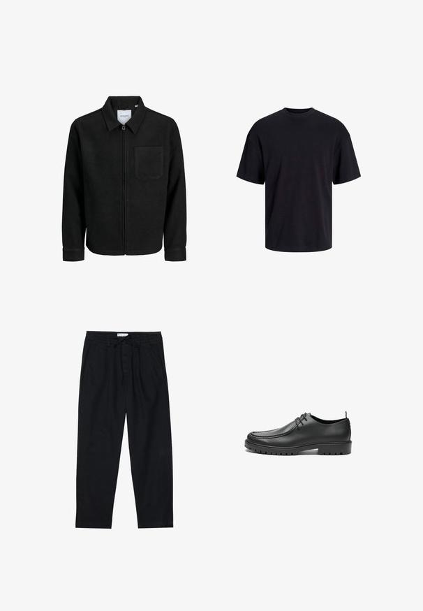 Črna jakna z zadrgo in ovratnikom ter enim žepom na prsih, prikazana na beli podlagi.; Črna bombažna majica s krojačkom izrezom, kratkimi rokavi in sproščenim krojem. Gladka tekstura in brez vidnih vzorcev ali poudarkov.; Pier One Hlače chino - black; Črne usnjene čevlje z gladko površino, okroglo konico in okrasnim šivom. Imajo gumijast podplat z utori za oprijem in vezalni design.