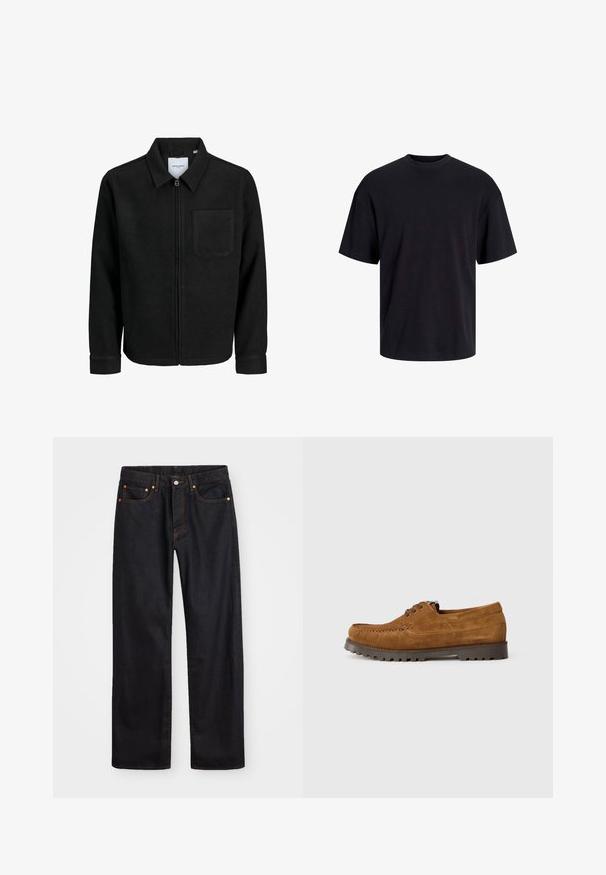 Jachetă neagră cu fermoar, cu guler și un singur buzunar pe piept, expusă pe fundal alb.; Tricou din bumbac negru, cu guler rotund, mâneci scurte și o croială lejeră. Textură netedă și fără modele sau accente vizibile.; Jeans negri din denim pentru bărbați, cu croială dreaptă, cinci buzunare și cusături portocalii, închidere cu nasture și fermoar pe talie.; Pantofii din nubuc maro, cu șireturi, au o talpă groasă, neagră, cu crampoane, cusături vizibile și un design clasic de mocasin, pe un fundal alb.