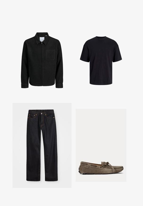 Melna jaka ar rāvējslēdzēju un apkakli, vienu krūšu kabatu, parādīta uz baltas fona.; Melns kokvilnas T-krekls ar apaļu kakla izgriezumu, īsām piedurknēm un brīvu piegriezumu. Gluda tekstūra un nav redzamu rakstu vai akcentu.; Vīriešu taisno kāju melnie džinsi ar piecām kabatām un oranžu izšuvumu, ar pogu un zipa aizdari priekšējā jostas daļā.; Brūni zamšaini mokasīni ar noapaļotu purngalu, ādas auklām un pušķa detalizāciju. Iezīmējas ar izturīgu gumijas zoli un smalku zīmola atzīmi sānos.