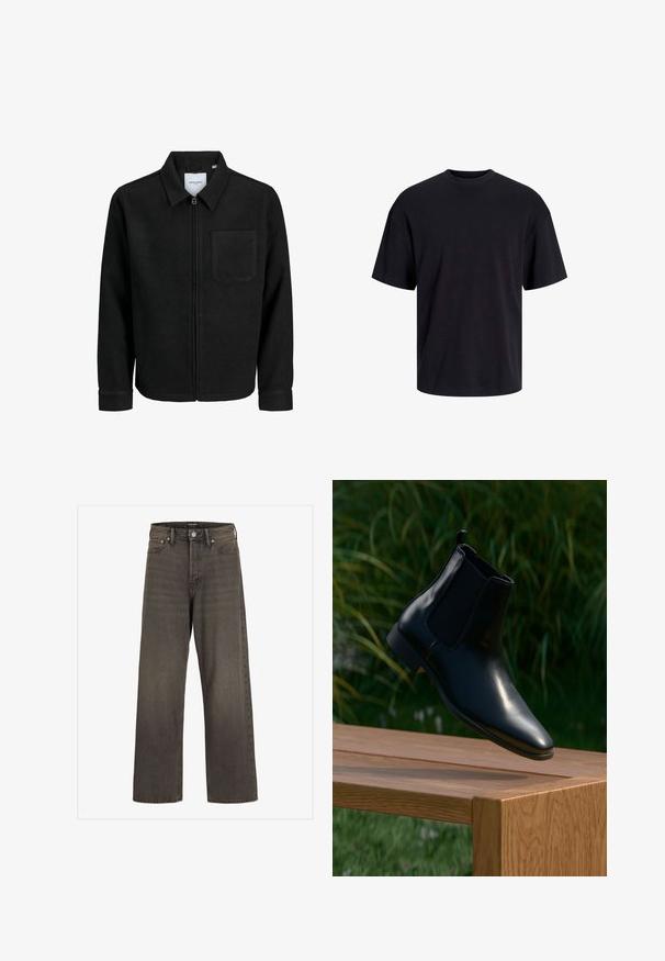 Juodas džemperis su užtrauktuku, apykakle ir vienu krūtiniu kišenėje, pristatytas baltame fone.; Juodas medvilninis marškinėlis su apvaliu iškirpimu, trumpomis rankovėmis ir laisvu siluetu. Glotni tekstūra, be matomų raštų ar akcentų.; Plati kojinės džinsai tamsiai pilkos spalvos džinsinio audinio, su aukštu liemeniu, klasikinio penkių kišenių dizainu ir kontrastinga siuvimo linija siūlėse.; Juodas odinis Čelsio botas kabo virš medinės suolelio, o fone matosi žolė ir augalai.