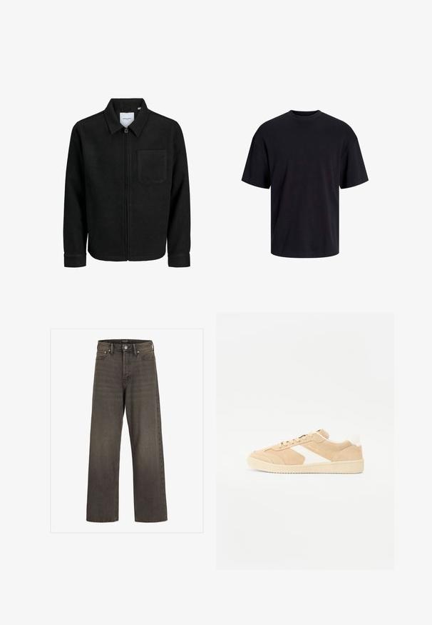 Fekete, zipzáros dzseki gallérral és egyetlen mellzsebbel, fehér háttéren.; Fekete pamut póló, kerek nyakkivágással, rövid ujjú és laza fazonú. Simább anyagú, látható minták vagy díszítések nélkül.; Széles lábú farmernadrág sötétszürke denimből, magas derékkal, klasszikus öt zsebes kialakítással és kontrasztos varrással az illesztések mentén.; Beige velúr sneaker fehér részletekkel, kerek orr és fűzős záródás. Textúrált felsőrész és gumitalp diszkrét márkázással.