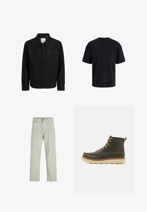 Giacca nera con zip, colletto e una tasca sul petto, mostrata su sfondo bianco.; T-shirt in cotone nero con collo rotondo, maniche corte e vestibilità morbida. Texture liscia senza pattern o dettagli visibili.; Jeans in denim beige chiaro con un design a gamba dritta, stile a cinque tasche e chiusura con bottone in vita, con dettagli di cucitura minimi.; Stivali alla caviglia in pelle verde scuro con lacci beige, colletto imbottito e suola in gomma testurizzata. Presenta dettagli impermeabili e cuciture decorative.