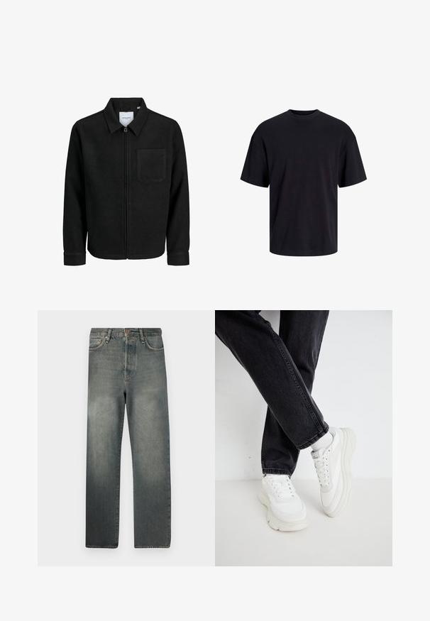 Fekete, zipzáros dzseki gallérral és egyetlen mellzsebbel, fehér háttéren.; Fekete pamut póló, kerek nyakkivágással, rövid ujjú és laza fazonú. Simább anyagú, látható minták vagy díszítések nélkül.; Jack & Jones JJIALEX JJCOOPER - Túlméretezett farmernadrág - black denim; Fehér sneakers vastag talppal, texturált felsőrésszel és több fűzőlyukkal, fekete farmernadrággal párosítva, semleges háttér előtt.