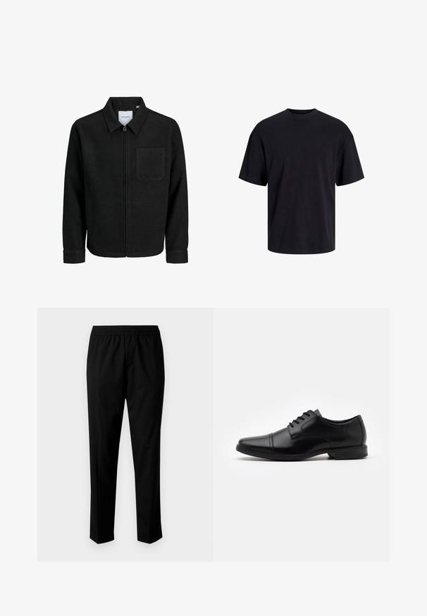 Mustaga lukuga jakker, millel on krae ja üks rinna-tasku, esitatud valgel taustal.; Must must on mustre, lühikeste varrukatega ja vabalt langev. Sile tekstuur ja ilma nähtavate mustrite või aktsentideta.; Mustad püksid elastse vöökoha ja sirgete säärekujundiga. Riie tundub sile ja matt, ilma nähtavate mustriteta.; Mustan nahast kleitking, millel on terav ninamood ja lipsuga disain, peened tikandid ning madal, tekstureeritud kummitald.