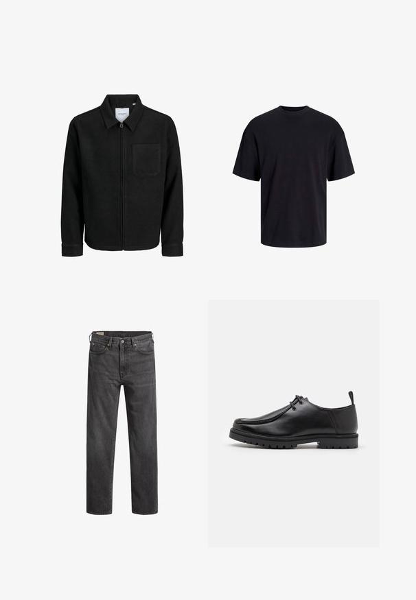 Fekete, zipzáros dzseki gallérral és egyetlen mellzsebbel, fehér háttéren.; Fekete pamut póló, kerek nyakkivágással, rövid ujjú és laza fazonú. Simább anyagú, látható minták vagy díszítések nélkül.; Sötétszürke farmernadrág egyenes szabással, öt zsebbel és réz szegecsekkel. Klasszikus dizájn, enyhén kopott textúrával.; Fekete bőr cipő, fűzős kivitelben, strapabíró talppal és saroknál húzófüllel, oldalnézetből, fehér háttér előtt.