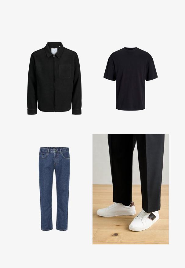 Mustaga lukuga jakker, millel on krae ja üks rinna-tasku, esitatud valgel taustal.; Must must on mustre, lühikeste varrukatega ja vabalt langev. Sile tekstuur ja ilma nähtavate mustrite või aktsentideta.; Tumed sinised teksad sirge jala disainiga, ees taskud ja nähtavad õmblused. Omab nööpi ja lukku.; Valged sneakersid siledat tekstuurist, millel on pruunad nahast detailid ja mustad aksessuaarid, millele on sobitatud mustad kohandatud püksid. Puitpõranda taust.