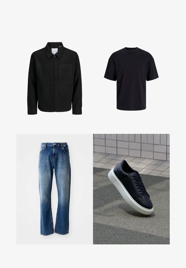 Crna jakna na zip s ovratnikom i jednim džepom na prsima, prikazana na bijeloj pozadini.; Crna pamučna majica s okruglim izrezom, kratkim rukavima i opuštenim krojem. Glatka tekstura bez vidljivih uzoraka ili dekoracija.; Traperice s ravnim nogavicama, svijetloplava i tamnoplava pranje s izbljeđenjima, pet džepova i kopčanje na dugme.; Crne kožne tenisice s zaobljenim vrhom i bijelim gumiranim potplatom. Imaju ravne vezice i minimalno šivanje na gornjem dijelu. Teksturirani potplat za bolje prianjanje.