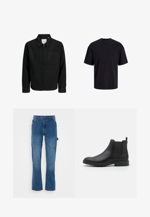 Jachetă neagră cu fermoar, cu guler și un singur buzunar pe piept, expusă pe fundal alb.; Tricou din bumbac negru, cu guler rotund, mâneci scurte și o croială lejeră. Textură netedă și fără modele sau accente vizibile.; Pantaloni din denim albastru cu un design drept, având detalii la cusături și închidere cu buton. Materialul prezintă o spălare decolorată cu o textură netedă.; Botine Chelsea din piele neagră, cu panouri elastice laterale și un tab de tragere, având vârful rotunjit și talpa din cauciuc texturat.
