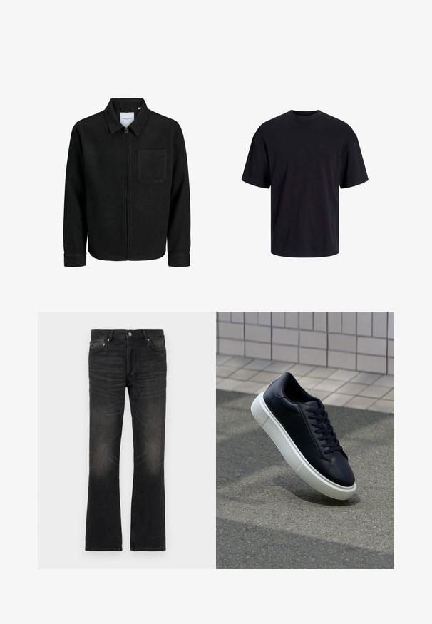 Schwarze Zip-Jacke mit Kragen und einer einzelnen Brusttasche, auf weißem Hintergrund präsentiert.; Schwarzes Baumwoll-T-Shirt mit Rundhalsausschnitt, kurzen Ärmeln und lässiger Passform. Glatte Oberflächenstruktur und keine sichtbaren Muster oder Akzente.; Schwarze Denim-Glockenjeans mit einem ausgewaschenen Finish, fünf Taschen und silbernem Metall. Verfügt über einen klassischen Taillenbund und einen leicht strukturierten Stoff.; Schwarze Leder-Sneaker mit runder Zehenpartie und weißer Gummisohle. Verfügt über flache Schnürsenkel und minimale Nähte im Obermaterial. Strukturiertes Sohlenprofil für besseren Halt.