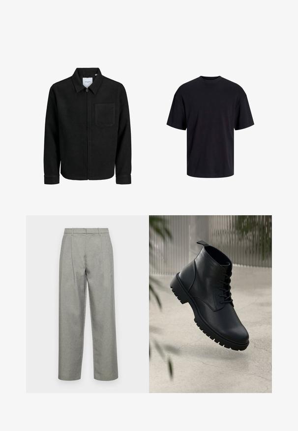 Černá zipová bunda s límečkem a jednou kapsou na hrudi, vystavená na bílém pozadí.; Černé bavlněné tričko s kulatým výstřihem, krátkými rukávy a volným střihem. Hladká textura a žádné viditelné vzory ani akcenty.; Šedé vykrojené kalhoty vyrobené z texturované tkaniny, se střihem rovného nohavice, předními sklady a standardním pasem s poutky na opasek.; Černé kožené kotníkové boty s kulatou špičkou, šněrovacím designem a robustní gumovou podrážkou. Hladký povrch s poutkem na zadní straně.