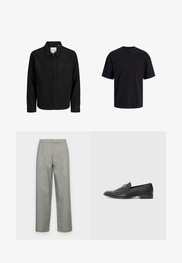 Zwarte zip-up jas met kraag en enkele borstzak, weergegeven op een witte achtergrond.; Zwarte katoenen t-shirt met een ronde halslijn, korte mouwen en een relaxte pasvorm. Glad textuur en geen zichtbare patronen of accenten.; Grijze op maat gemaakte broeken van gestructureerde stof, met een klassieke rechte pijpdesign, voorplooien en een standaard tailleband met riemlussen.; Zwarte leren instapper met een gladde afwerking, voorzien van een gestikt ontwerp en een decoratieve metalen kettingaccent over de wreef. Platte hak.
