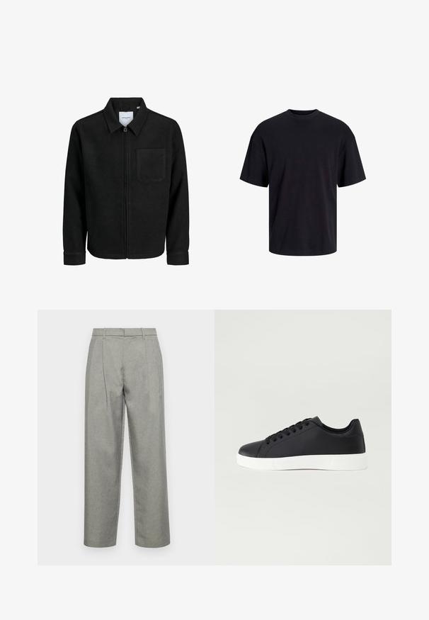 Fekete, zipzáros dzseki gallérral és egyetlen mellzsebbel, fehér háttéren.; Fekete pamut póló, kerek nyakkivágással, rövid ujjú és laza fazonú. Simább anyagú, látható minták vagy díszítések nélkül.; Szürke, fazonra készült nadrág texturált anyagból, egyenes szárú kialakítással, elöl redőkkel, és normál derékpánttal, övbujtatókkal.; Pier One Sportcipő - black