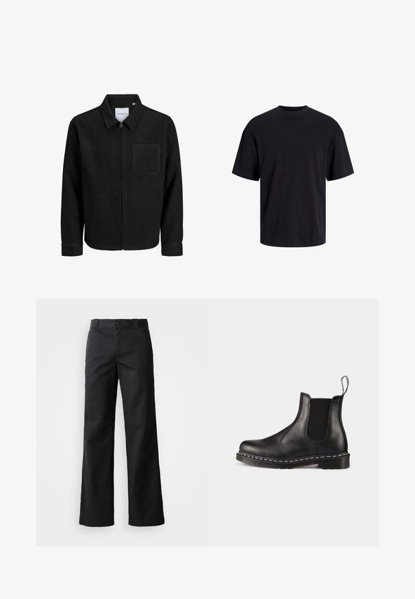 Mustaga lukuga jakker, millel on krae ja üks rinna-tasku, esitatud valgel taustal.; Must must on mustre, lühikeste varrukatega ja vabalt langev. Sile tekstuur ja ilma nähtavate mustrite või aktsentideta.; Mustad laiad püksid siledast kangast. Omadused: nööpkinni, vöökohad ja küljetaskud. Puhtad, viimistletud siluetid.; Must mustat chelsea saapad elastsete külgpaneelidega, ümar nina, tõmbehael, valge õmblus tallal ja tekstuuriga kummitald.