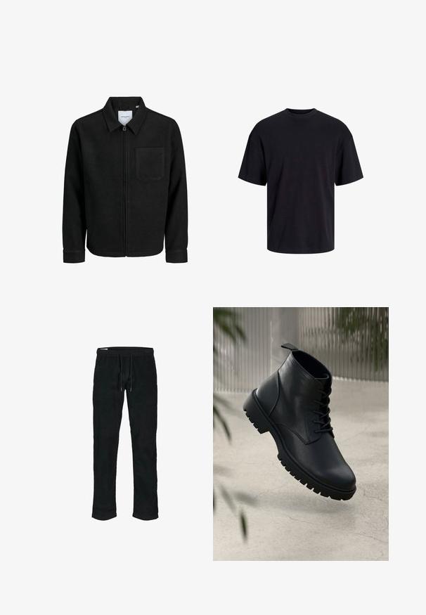 Black zip-up jacket with collar and single chest pocket, displayed on white background.; Black cotton t-shirt with a crew neckline, short sleeves, and a relaxed fit. Smooth texture and no visible patterns or accents.; Black corduroy pants with elastic waistband, adjustable drawstring, tapered legs, and subtle vertical ribbed texture.; Black leather ankle boots with a rounded toe, lace-up design, and rugged rubber sole. Smooth texture with a pull tab at the back.