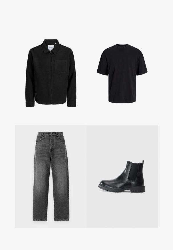 Musta vetoketjullinen takki, jossa on kaulus ja yksi rintatasku, esitelty valkoista taustaa vasten.; Musta puuvillapaita, jossa on pyöreä kaula-aukko, lyhyet hihat ja rento muotoilu. Yksinkertainen ja sileä pinta, ilman näkyviä kuvioita tai koristeita.; Korkeavyöhykkeiset, leveälahkeiset farkut haalistuneessa mustassa denimmateriaalissa. Ominaisuuksiin kuuluu viisi taskua, etupainonappi ja vyölenkit, sekä hienovarainen kuluminen.; Mustasta nahasta valmistetut Chelsea-saappaat, joissa on joustavat sivupaneelit, pyöreä kärki ja kuminen pitoalakosketin. Minimalistinen muotoilu vetolenkillä.