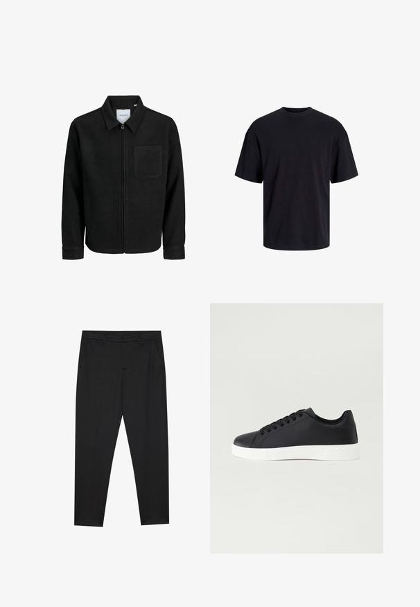 Giacca nera con zip, colletto e una tasca sul petto, mostrata su sfondo bianco.; T-shirt in cotone nero con collo rotondo, maniche corte e vestibilità morbida. Texture liscia senza pattern o dettagli visibili.; Pier One Chino - black; Pier One Sneakers basse - black