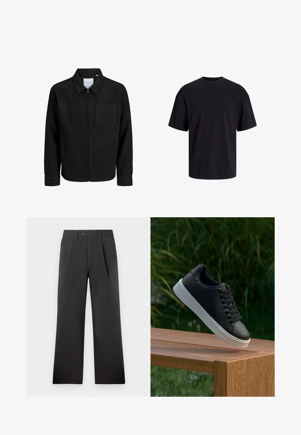 Zwarte zip-up jas met kraag en enkele borstzak, weergegeven op een witte achtergrond.; Zwarte katoenen t-shirt met een ronde halslijn, korte mouwen en een relaxte pasvorm. Glad textuur en geen zichtbare patronen of accenten.; Zwarte geplooide broek met een recht model, gemaakt van een gladde stof. Heeft een knoopsluiting en riemlussen bij de tailleband.; Zwarte leren sneaker met een gladde textuur, witte rubberen zool en zes oogjes voor veter, weergegeven op een houten oppervlak.