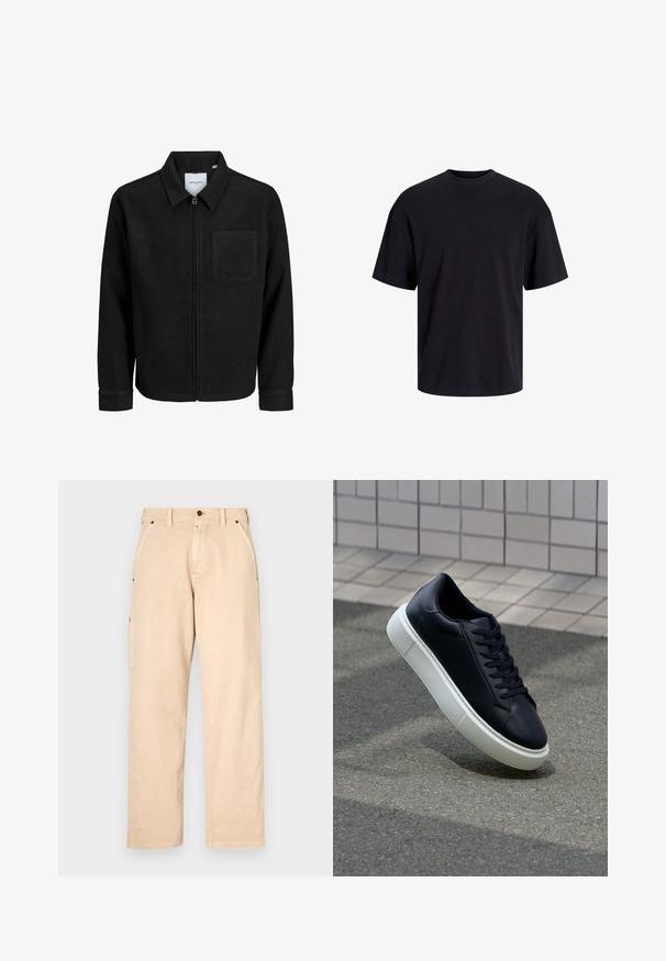 Melna jaka ar rāvējslēdzēju un apkakli, vienu krūšu kabatu, parādīta uz baltas fona.; Melns kokvilnas T-krekls ar apaļu kakla izgriezumu, īsām piedurknēm un brīvu piegriezumu. Gluda tekstūra un nav redzamu rakstu vai akcentu.; Beige kokvilnas bikses ar taisnu kāju griezumu, ar sānu kabatām, jostas cilpām un priekšpuses pogu aizdari. Gluda tekstūra, minimālistisks dizains.; Melnas ādas kedas ar noapaļotu pirkstu un baltu gumijas zoli. Iespējas - plakanas šņorītes un minimāla apdare augšdaļā. Struktūrēta zole, lai nodrošinātu saķeri.