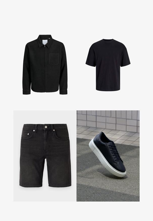 Črna jakna z zadrgo in ovratnikom ter enim žepom na prsih, prikazana na beli podlagi.; Črna bombažna majica s krojačkom izrezom, kratkimi rokavi in sproščenim krojem. Gladka tekstura in brez vidnih vzorcev ali poudarkov.; Črne denim kratke hlače z značilno zasnovo petih žepov, kovinskim gumbom in diskretnimi šivi. Gladka tekstura, dolžina do kolen.; Črne usnjene superge z zaobljenim prstom in belim gumijastim podplat. Imajo ravne vezalke in minimalno šivanje na zgornjem delu. Teksturirani podplat za oprijem.