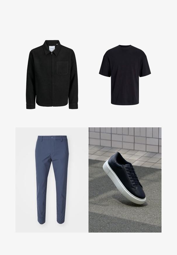 Czarna kurtka z zamkiem na całej długości, z kołnierzem i jedną kieszenią na piersi, umieszczona na białym tle.; Czarna bawełniana koszulka z okrągłym dekoltem, krótkimi rękawami i luźnym krojem. Gładka tekstura, bez widocznych wzorów czy akcentów.; Granatowe spodnie wykonane z gładkiego materiału, z zapięciem na guzik i zwężanym krojem. Płaski przód bez widocznych wzorów lub akcentów.; Czarne skórzane sneakersy z okrągłym noskiem i białą gumową podeszwą. Posiadają płaskie sznurowadła i minimalne przeszycia na cholewce. Teksturowana podeszwa zapewnia przyczepność.