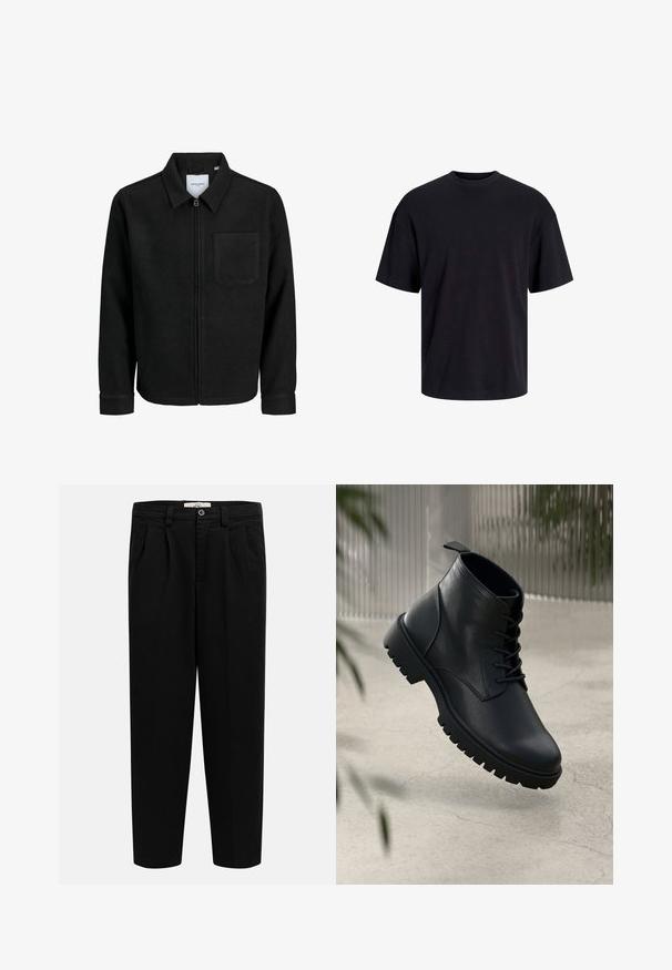 Sort lynlåsjakke med krave og en enkelt brystlomme, vist på hvid baggrund.; Sort bomulds t-shirt med rund hals, korte ærmer og en afslappet pasform. Glat tekstur uden synlige mønstre eller accenter.; Sorte højtaljede bukser med lige ben, bæltestropper, for-plitter, sidelommer og knaplukning i taljen.; Sorte læder ankelstøvler med rund tå, snørebåndsdesign og robust gummisål. Glat tekstur med en løkke bagpå.