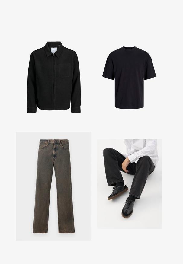 Črna jakna z zadrgo in ovratnikom ter enim žepom na prsih, prikazana na beli podlagi.; Črna bombažna majica s krojačkom izrezom, kratkimi rokavi in sproščenim krojem. Gladka tekstura in brez vidnih vzorcev ali poudarkov.; Rjavi pranji džins hlače ravnega kroja z sprednjimi žepi, zapenjanjem na gumb in pasom, prikazane na beli podlagi.; Črne superge z gladkim in strukturiranim zgornjim delom, ki vključuje gumijast podplat in temne vezalke. Uvrščene so z štručasto črnimi kavbojkami in belo črtasto majico.