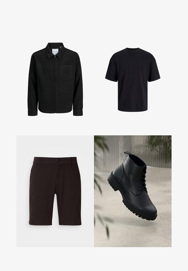 Black zip-up jacket with collar and single chest pocket, displayed on white background.; Black cotton t-shirt with a crew neckline, short sleeves, and a relaxed fit. Smooth texture and no visible patterns or accents.; Black shorts made of smooth fabric, featuring a button closure, belt loops, and clean lines. Length reaches just above the knee.; Black leather ankle boots with a rounded toe, lace-up design, and rugged rubber sole. Smooth texture with a pull tab at the back.